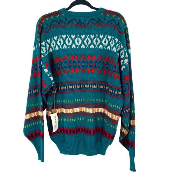 Vtg Entourage Crewneck Sweater Womens XL Teal Geometric Patterned Acrylic NEW - Picture 2 of 8